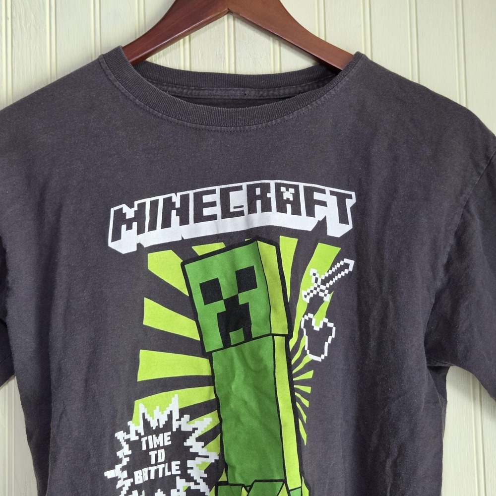 Minecraft Creeper Shirt Youth XL Gray Time To Battle Graphic Gaming Tee